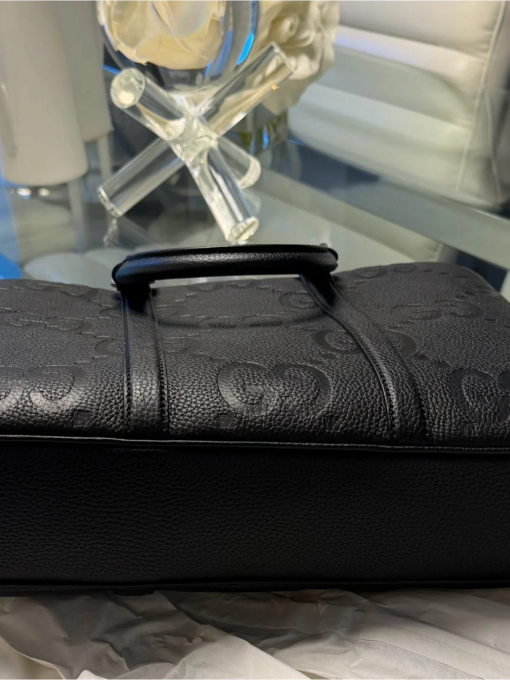 Gucci Black Embossed GG Leather Briefcase with Detachable Strap